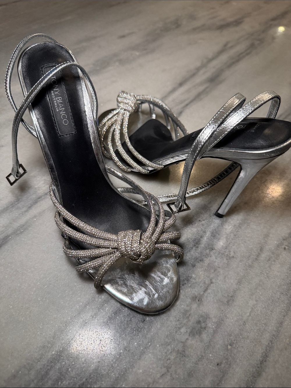 Tony Bianco Silver Knotted Strap Stiletto Sandals